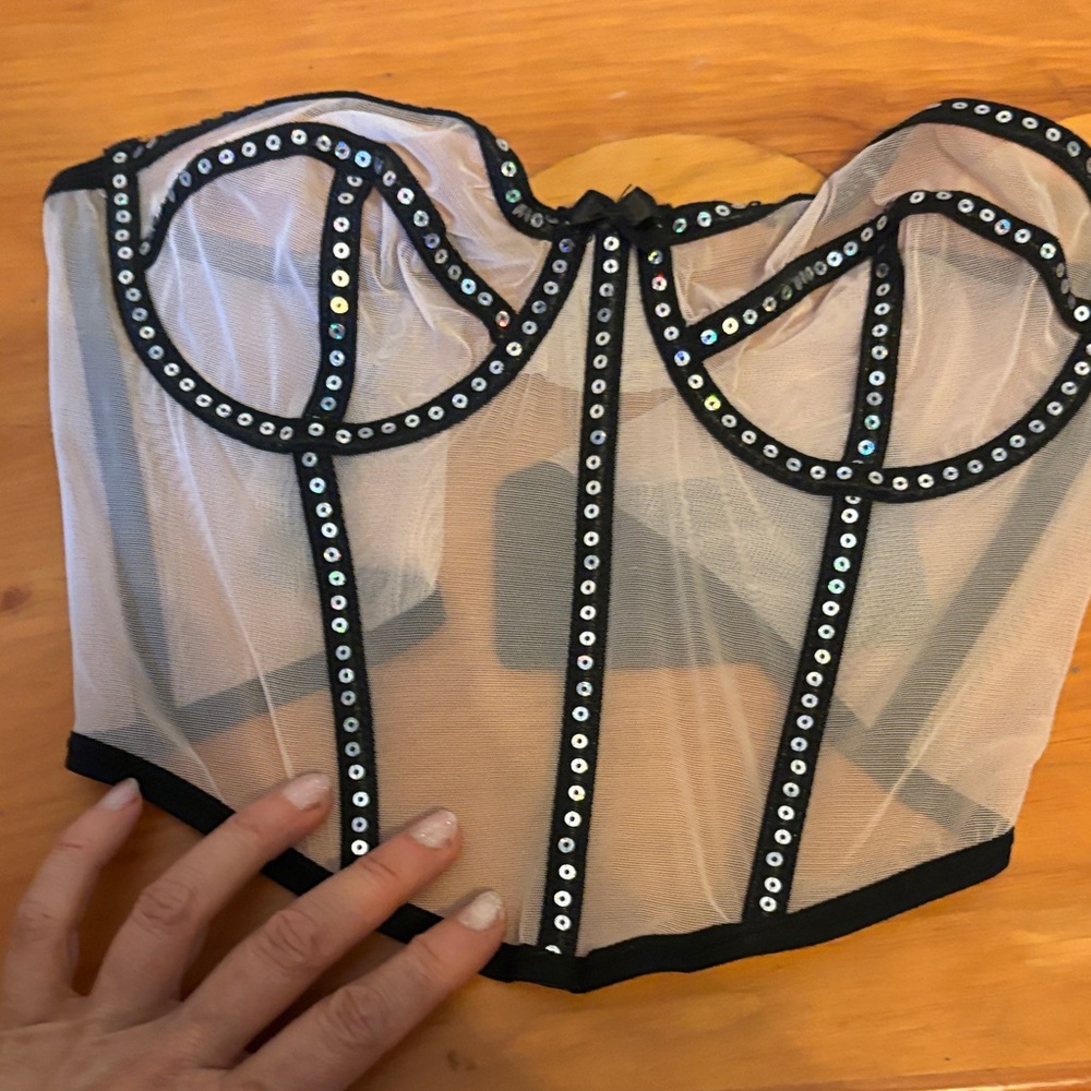 Sheer Mesh Bustier Top with Black Trim & Iridescent Sequins